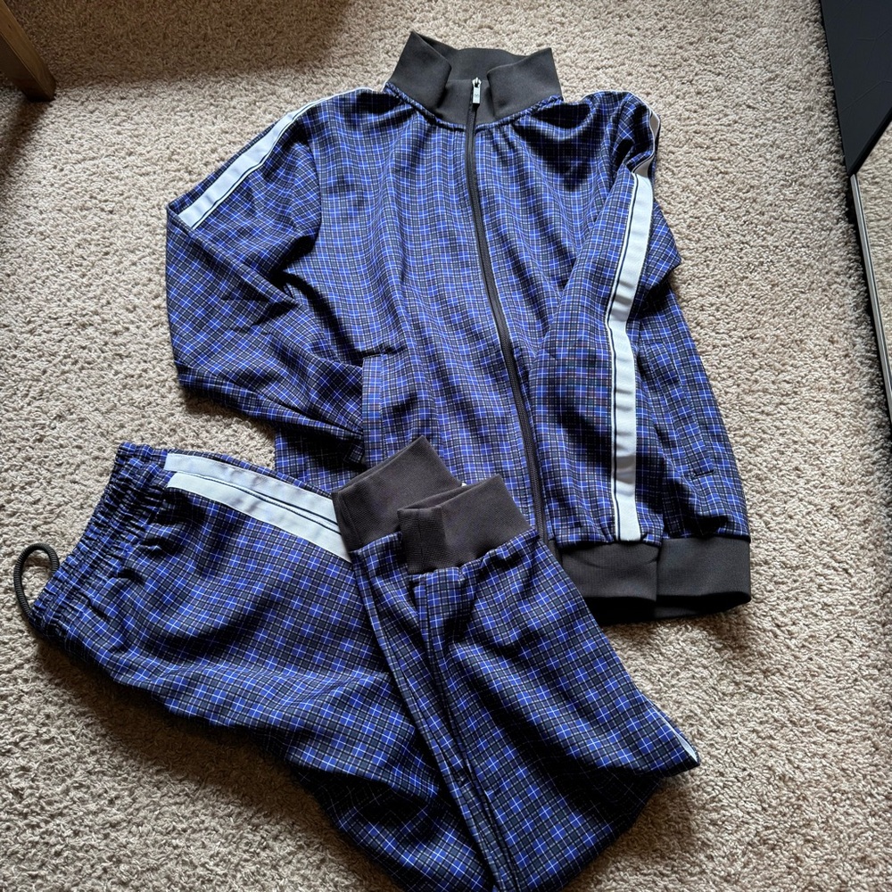 Blue Plaid Track Suit with Black Trim